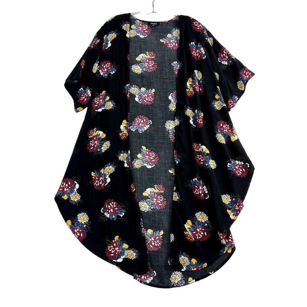 Torrid Floral Print Challis Shirttail Kimono Cardigan Black Womens 1 2 1X 2X